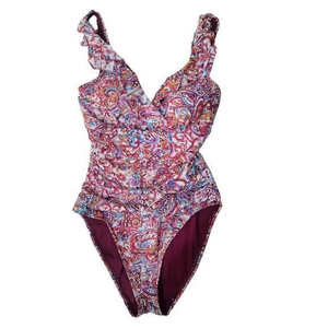 Lauren Ralph Lauren Floral one piece swimsuit ruffle v-neck colorful pink size 6